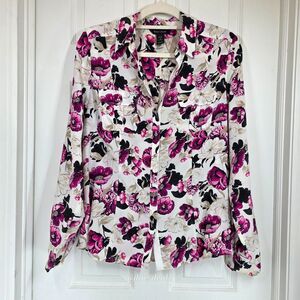White House Black Market Silk Blouse White with Pink Floral Design Women's 12